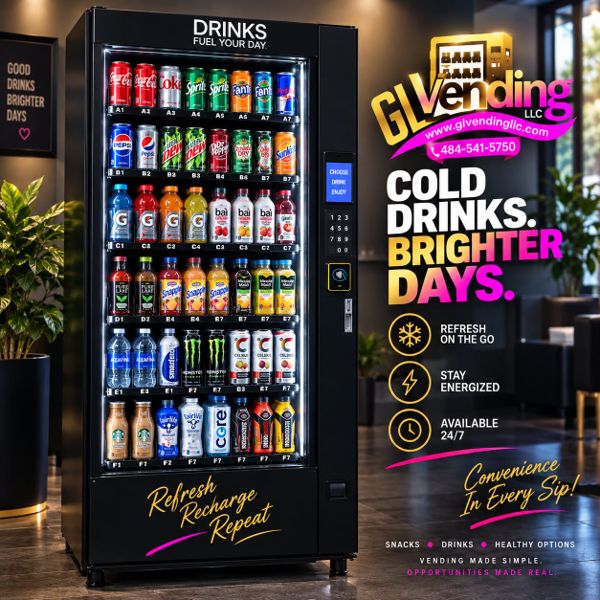 GL Vending cold drink vending machine stocked with beverages
