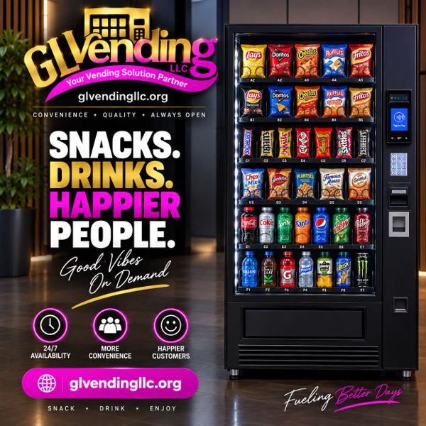 GL Vending snack and candy machine stocked with refreshments